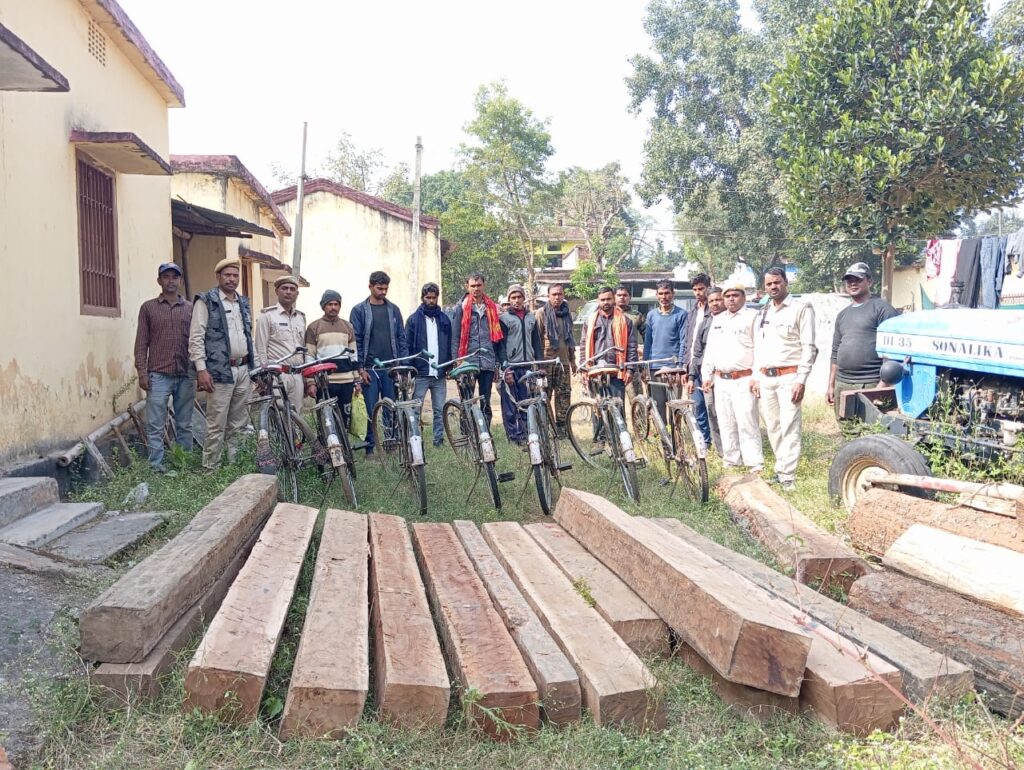 वनपाल प्रभारी और थाना प्रभारी ने एक दर्जन से अधिक सखुआ का पीस किये बरामद साथ ही सात लोगों को किये गिरफ्तार,